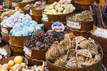 Traditional spices bazaar with herbs and spices in Aswan, Egypt.