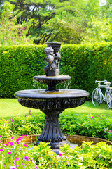 Garden with small fountain and stone bench green lawn plants trees shrubs