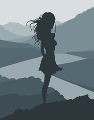 cartoon silhouette of a woman standing in a mountain valley