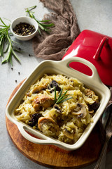 Duck stew with cabbage, prunes, mushrooms and spices on a gray stone or slate background.