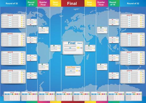 Sport fixture and result template for final round 128 teams knockout  competition and world map background. Vector EPS10 Stock Vector