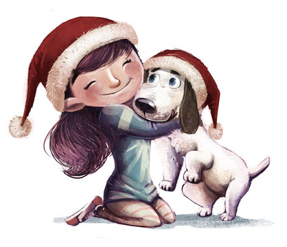 niña con perro en navidad