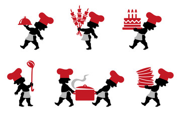 Vector illustration of Chef in chef's hat cooking in restaurant kitchen. Icons set of cook professional masters with kitchen utensils.