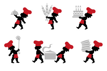 Vector illustration of Chef in chef's hat cooking in restaurant kitchen. Icons set of cook professional masters with kitchen utensils.