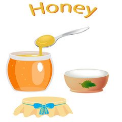 Honey isolated on white background. Honey in a jar drawn in a flat style. Vector illustration.