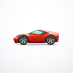 Vector red cartoon sport car. Side view