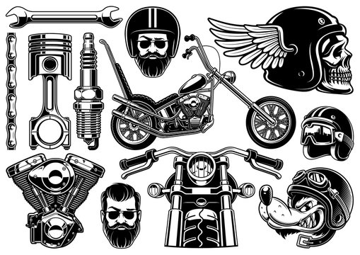 Motorcycle clipart with 12 elements on white background (raster version)