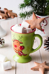 Hot chocolate with marshmallows. Christmas, New Year background Copy space