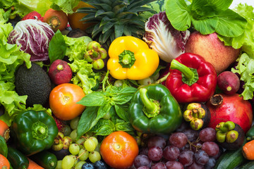Fototapeta na wymiar Tropical fresh fruits and vegetables organic after washed, Arrangement different vegetables organic for eating healthy and dieting
