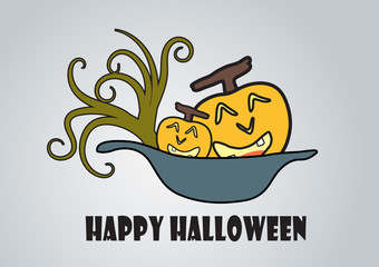 Pumpkin sit on the sink with branch of tree.