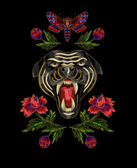 Panther, butterfly and flowers embroidery patch for textile design.