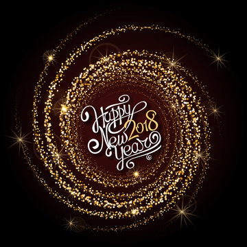 Happy New Year 2018. Christmas. Celebration. Winter holidays..Hand calligraphy. Golden confetti and shimmering particles on a dark background. Spiral. Empty space for text. Festive texture..