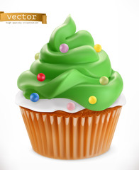 Cupcake. Christmas decorations, 3d realistic vector icon