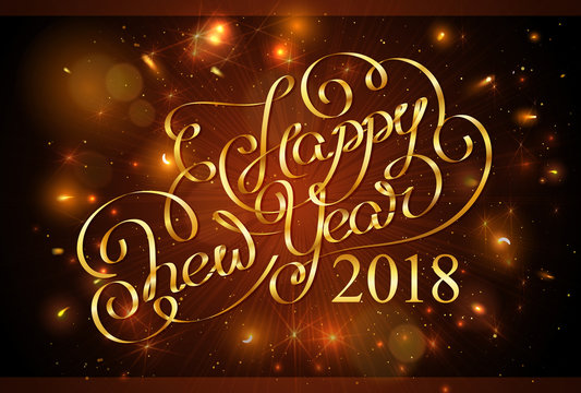Happy New Year 2018! The inscription is made of curved gold ribbons. Outbreaks of firework and festive lights on a dark background. .Glitter and glow. Congratulation on winter holidays. Vector.