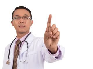 Doctor in white uniform pointing finger forward front, wear earpiece, isolated, white background