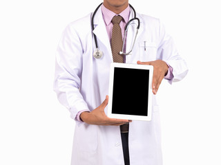 Doctor in white uniform with tablet on hand, earpiece, isolated