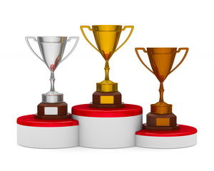 podium with trophy cup on white background. Isolated 3D illustration