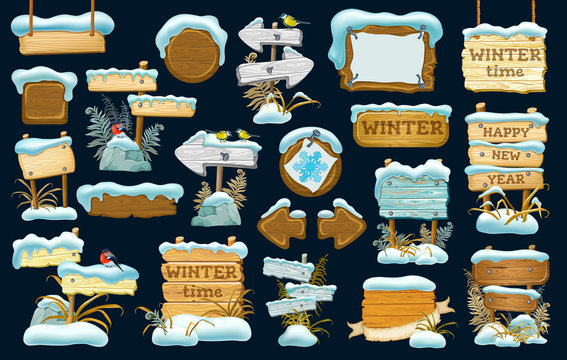 Funny Cartoon Game Icons In The Snow With Leaves. Set Wood Board  For Sale, Advertising, Price And Discount. Vector Illustration.