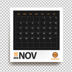November 2018 calendar in realistic photo frame with shadow isolated on transparent background. Event planner. All size. Vector illustration