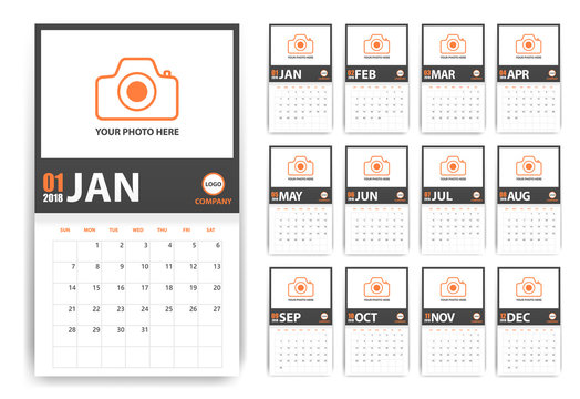 2018 photo calendar with shadow style. Grey and orange. Event planner. All size. Vector illustration