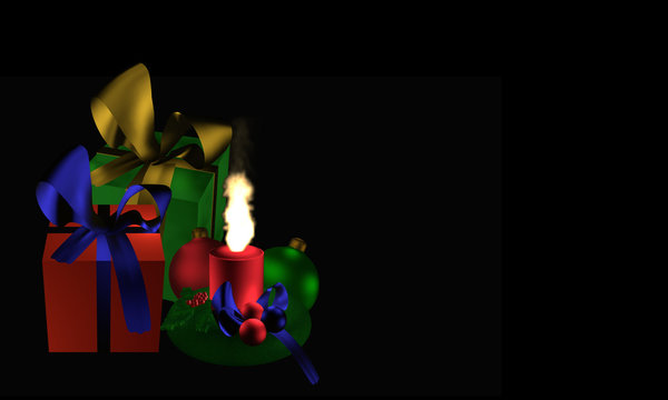 Stimmungsvolles Weihnachtsbild mit Geschenken und brennender Kerze auf schwarzem Hintergrund