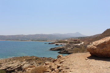 Blue Mediterranean sea and Kissamos bay, taken from the Balos peninsula, on the road of Balos beach in Chania prefecture, Crete Island, Greece.