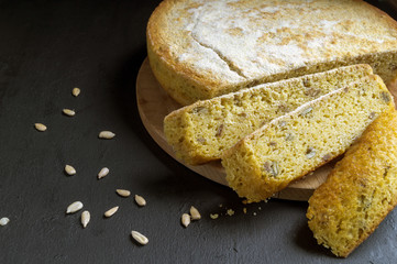 Corn bread with sunflower seeds.