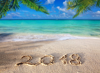 New Year 2018 Inscription written and Caribbean sea with green palm .