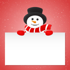 Happy Snowman with hat holding a piece of paper. Vector.