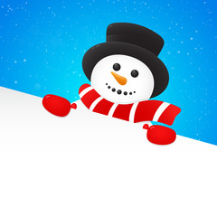 Happy Snowman with hat holding a piece of paper. Vector.
