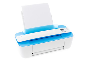 Impresora láser azul aislada sobre fondo blanco