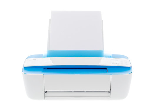 Impresora l&aacute;ser azul aislada sobre fondo blanco