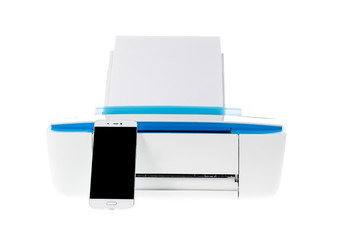 Impresora láser azul aislada sobre fondo blanco