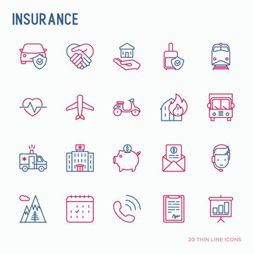 Insurance thin line icons set: health, life, car, house, savings. Modern vector illustration.