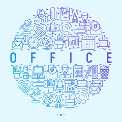 Office concept in circle with thin line icons of manager, coffee machine, chair, career growth, e-mail, folders, watercooler, lamp. Vector illustration for banner, web page, print media.
