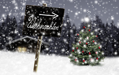 Schild Weihnachten im Winterwald