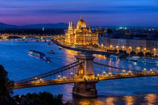 Blue Hour in City of Budapest with Chain Bridge and Hungarian Parliament