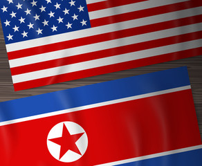 usa and north korea flag on wooden background