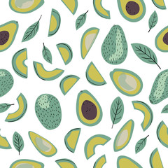 Modern decorative seamless pattern with avocado. Whole avocado, sliced pieces, half and leaf. Vector illustration