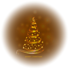 Abstract background with christmas tree and stars. Bright illustration in gold and white colors. Illustration.