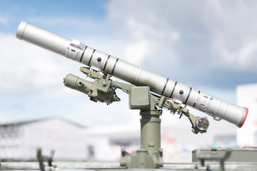 Single missile anti tank launcher against clear blue sky