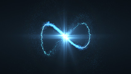 lightning blue ball flying. Shining lights in motion with small particles. Ring of electricity, Plasma ring on a dark background.