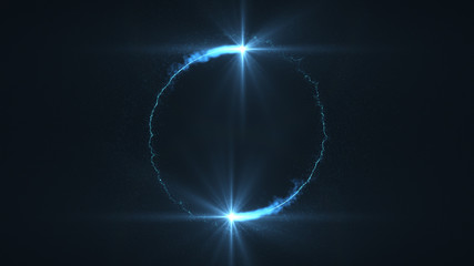 lightning blue ball flying. Shining lights in motion with small particles. Ring of electricity, Plasma ring on a dark background.