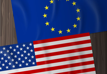 european union and usa flags on wooden background