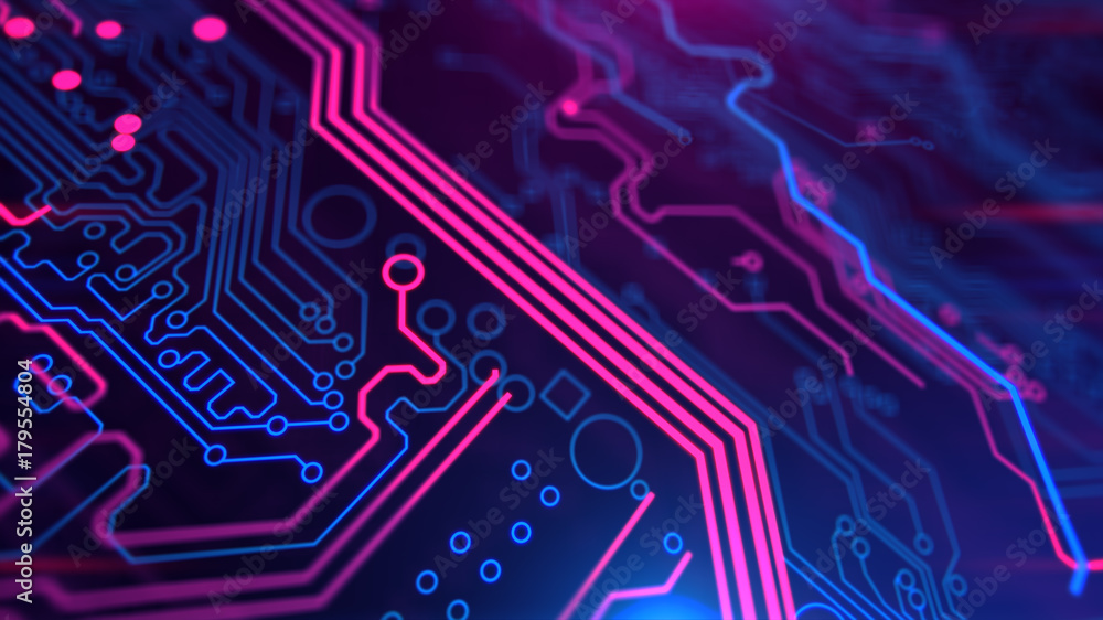 Poster purple violet and blue microchip backdrop. abstract background. digital technology. pcb. microchip l