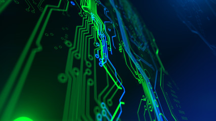 Green and Blue Motherboard Technology . Digital inegrated technology. Printed Circuit board. PCB. 3d illustration.