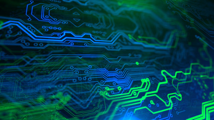 Green and Blue Motherboard Technology . Digital inegrated technology. Printed Circuit board. PCB. 3d illustration.