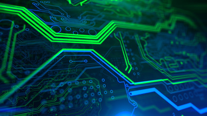 Green and Blue Motherboard Technology . Digital inegrated technology. Printed Circuit board. PCB. 3d illustration.