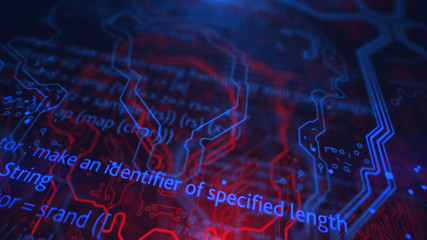 Red and Blue Digital Terminal Background. Code processing. Printed circuit board. Hardware motherboard. PCB. Java, HTML, Code, Microchip. 3d illustration.