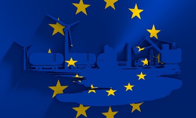 Energy and Power icons set and grunge brush stroke. Energy generation, transportation and heavy industry relative image. Flag of the European Union. 3D rendering